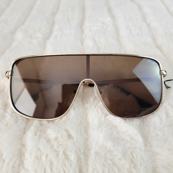 QUAY // ltd ed kylie jenner collab gold frame brown lens shield sunglasses main image 11